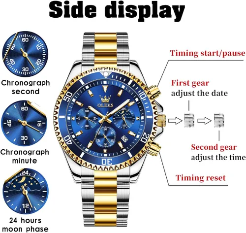 Vista 6 de OLEVS Relojes impermeables para hombre, de acero inoxidable, con cronógrafo, de lujo, color blanco, luminoso, de gran cara, analógico, de cuarzo