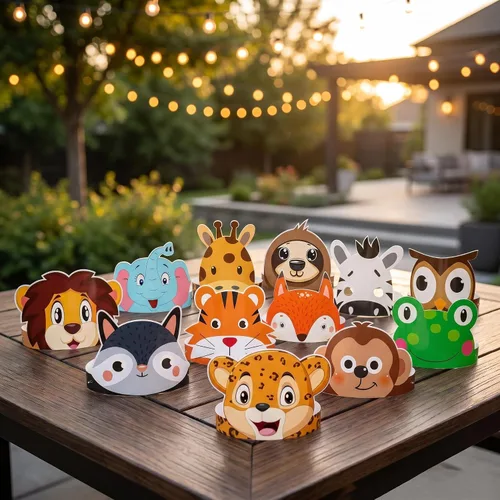 Vista 5 de chiazllta 12 sombreros de safari de la selva para cumpleaños, coronas de papel, zoológico, animales, fiestas, diademas para niños, accesorios