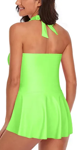 Vista 2 de Omichic Traje de baño tankini halter de dos piezas para mujer, con control de abdomen, cuello en V, con pantalones cortos