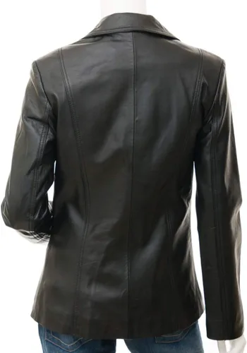 Vista 4 de Blazer de piel de cordero para mujer, chaqueta blazer de cuero negro