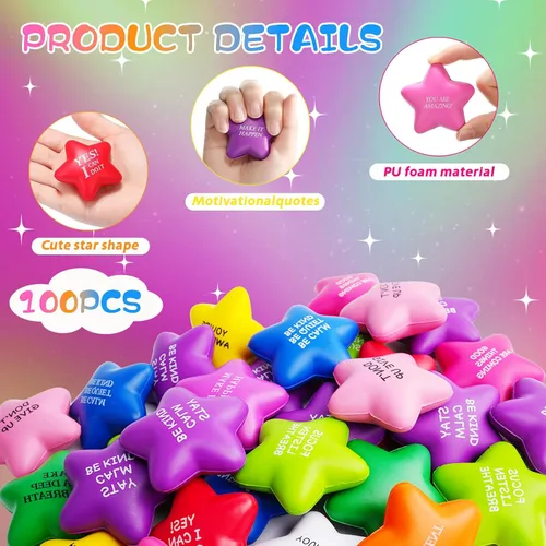 Vista 3 de SHQDD 100 pelotas antiestrés con forma de estrella a granel para adultos y niños - Citas motivacionales, juguetes de espuma suave para apretar