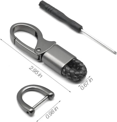 Vista 5 de Llavero de cuero para automóvil con anillo en D para hombres y mujeres, 1 paquete negro, giratorio de 360 grados, con destornillador