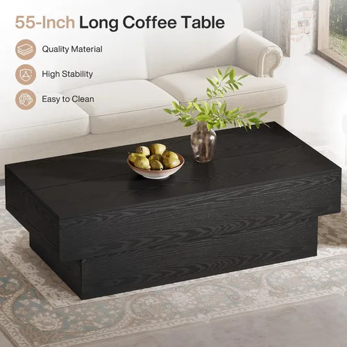 Vista 6 de Tribesigns - Mesa de café moderna negra, mesa de té rectangular de madera de 55 pulgadas, mesa central grande para sala de estar, sala de recepción