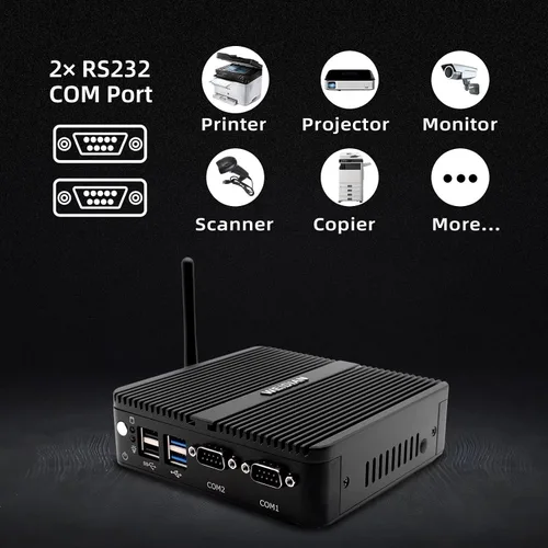 Vista 7 de WEIDIAN Mini PC sin ventilador, PC industrial, mini computadora J5005(hasta 2.8 GHz), salida de pantalla dual 4K HD+VGA, 2 Gigabit Ethernet, 4USB