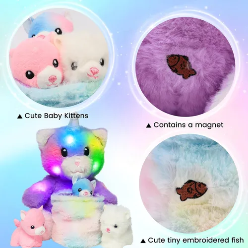 Vista 4 de Hopearl Gato de peluche LED con cubo extraíble que ilumina a mamá gata, con 3 gatitos en la canasta, juego de animales de peluche con luces