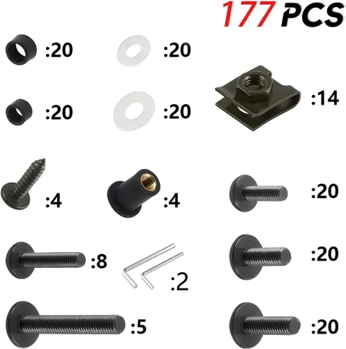 Vista 5 de Kit de pernos de carenado de motocicleta, 177 piezas M5 M6, tornillos para parabrisas de motocicleta, kit de cierres de pernos de carenado de Negro