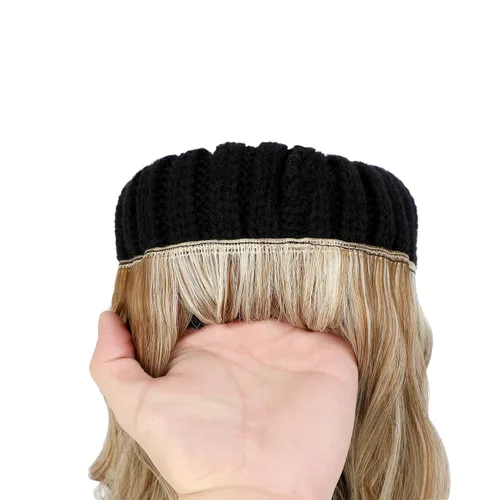 Vista 11 de Gorro para mujer con pelo adjunto, gorro de punto cálido con pompón unido de 14 pulgadas de largo, ondulado, extensiones de cabello rizado, postizo