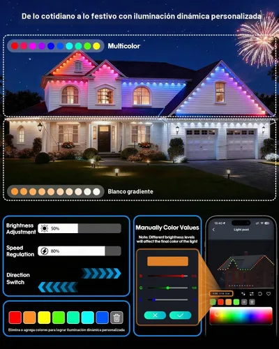 Vista 4 de Luces permanentes al aire libre Super RGB de 15,5 m, luces de cornisa RGB+IC inteligentes con control remoto por aplicación, LED de color individual