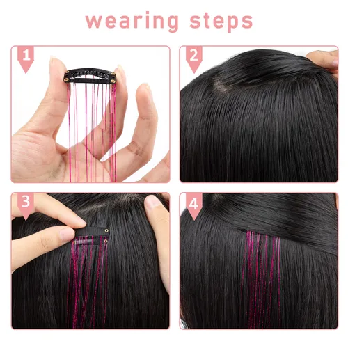 Vista 4 de Ubeleco Kit de oropel para cabello negro de 12 piezas, accesorios de cabello con clip de 52 cm, kit de oropel de pelo de hada para Navidad y Año