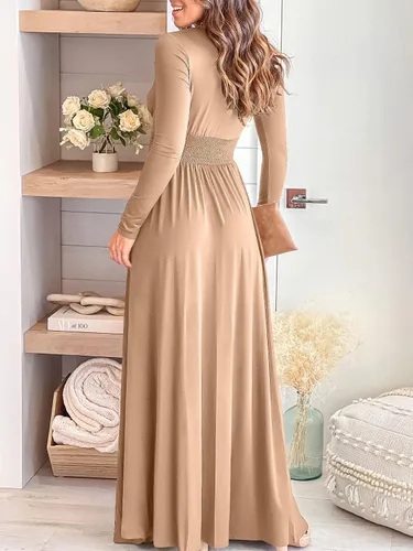 Vista 4 de ANRABESS - Vestido largo de manga corta con cuello en V profundo para mujer, plisado, cintura alta, abertura lateral, para club, fiesta y noche