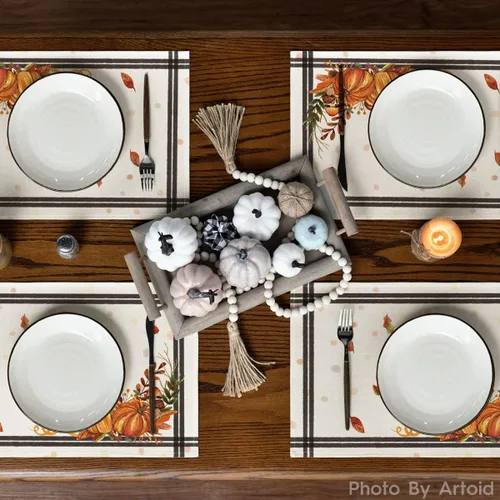 Vista 3 de Artoid Mode Juego de 2 manteles individuales de otoño y hojas de calabaza, 12 x 18 pulgadas, para decoración de fiestas, cocina, comedor