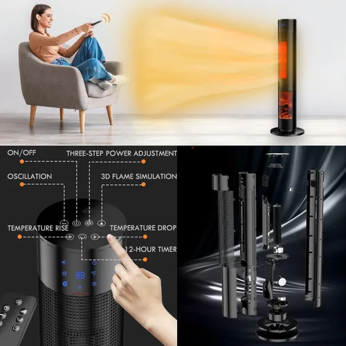 Vista 6 de Calentador eléctrico portátil para habitaciones grandes, calentador de espacio de torre de cerámica de 36 pulgadas con llama 3D para calefacción