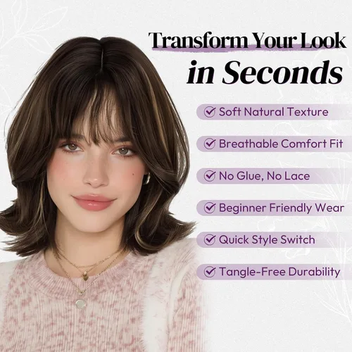 Vista 4 de BARSDAR Synthetic Short Layered Brown Highlights Bob Wig with Wispy Bangs