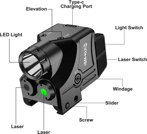 Vista 3 de XYH-Win 600 lúmenes luz táctica para arma con mira láser verde/IR, luz para pistola con función estroboscópica/constante, mira láser de doble
