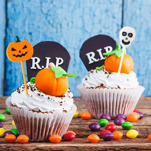 Vista 5 de GlyinnHe 50 piezas de palillos de Halloween para cupcakes, palillos de dientes de plástico para cupcakes, alimentos, cócteles, aperitivos
