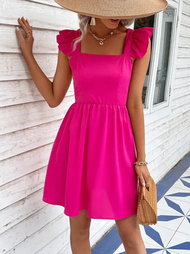 Vista 3 de WDIRARA Vestido acampanado con dobladillo cuadrado y manga mariposa para mujer