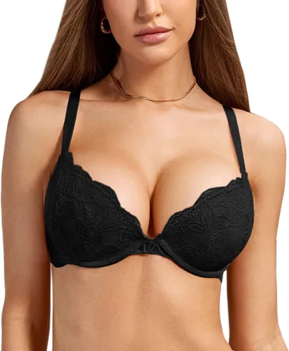 Vista 18 de DOBREVA - Brasier de encaje con efecto push up para mujer, con aros, con inmersión, cobertura completa, sexy, talla grande, con soporte Beige