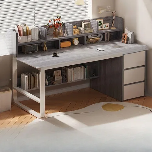 Vista 13 de Escritorio moderno con 3 cajones, mesa de estudio de computadora con gabinete para oficina en casa, estación de trabajo para espacios pequeños Gris