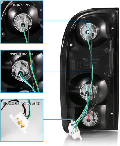 Vista 6 de AmeriLite juego de luces traseras de repuesto en negro para Toyota Tacoma 1995-2000 + bombilla y arnés - lado del pasajero y del conductor.