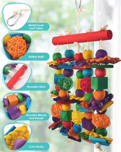 Vista 4 de DBNESS - Juguetes para pájaros, juguete masticable multicolor natural, bloques de madera natural, pájaros, loros, juguetes desgarradores con bolas