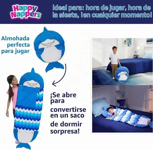 Vista 3 de Happy Nappers - Almohada 2 en 1 y saco de dormir, tiburón azul, 66 x 30 pulgadas, tamaño grande Cozy 66 x 30 Inch Sleepy Sack for Kids Aged 3+.