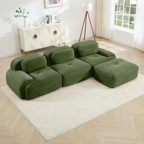 Vista 61 de Sofá moderno comprimido sin armazón de 116", sofás seccionales de 3 plazas para sala de estar, sofá seccional modular de pana verde nube, espuma