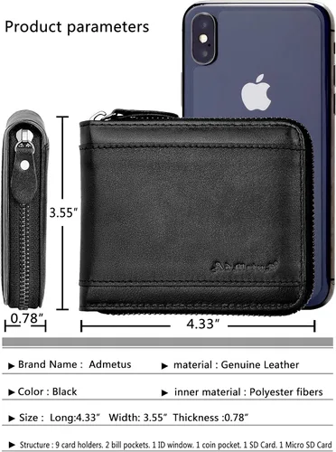 Vista 50 de Admetus Billeteras con bloqueo RFID para hombre, billetera de cuero con cremallera para hombres con tarjetero RFID plegable