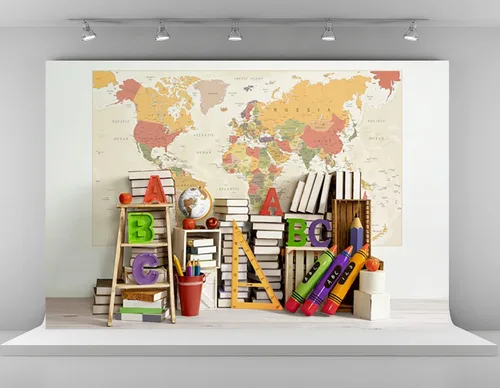 Vista 8 de Kate Fondos de regreso a la escuela de 6.5 x 6.5 pies para fotografía de mapa del mundo, libros de fondo, fondos de papelería, fondos de escritorio