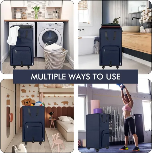 Vista 7 de Bukere Cesta de lavandería grande con ruedas, 4 ruedas y 2 asas, bolsa de lavandería con ruedas plegable independiente para ropa, apartamento Azul
