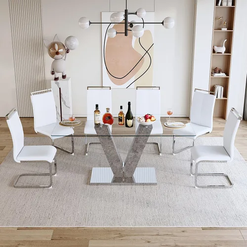 Vista 16 de gopop Juego de mesa de comedor moderna para 6, 7 piezas, mesa de comedor de mármol, mesa de cocina rectangular de 71 pulgadas con 6 sillas tapizadas