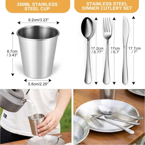 Vista 4 de Odoland Juego de utensilios de cocina de acero inoxidable para acampar para familia y persona, cubiertos de vajilla de cocina con platos, tazones