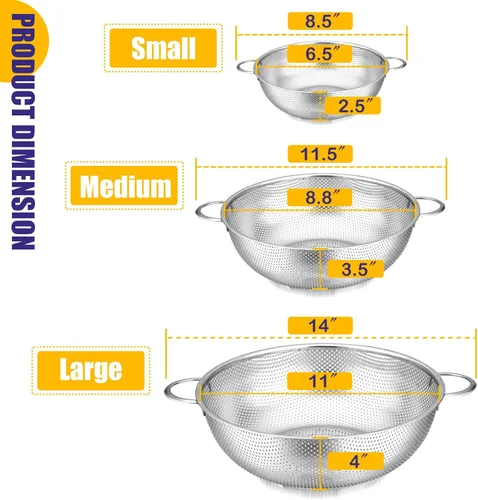 Vista 2 de E-far Juego de 3 coladores de acero inoxidable (1-3-5 cuartos de galón), colador de metal microperforado con mango para cocina/escurrimiento