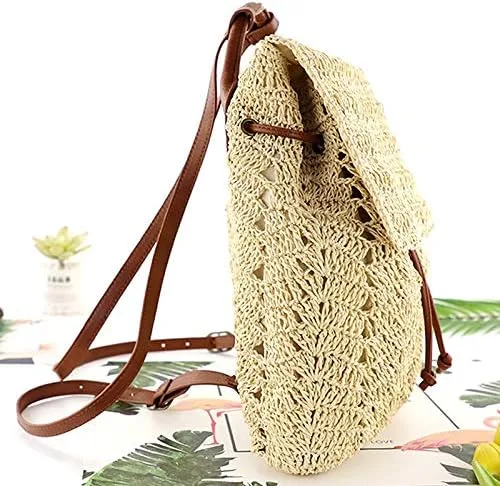 Vista 3 de Mochila tejida hecha a mano de paja mediana para mujer, con solapa, con cordón, bolsa de playa, Beige, Mochilas Daypack