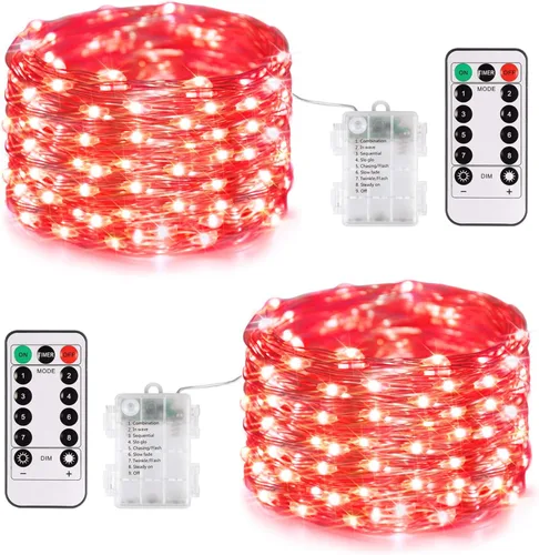 Vista 14 de JMEXSUSS Paquete de 2 Luces de Hadas Verdes a Batería, Total 200 LED 66 pies Luces de Cadena Parpadeantes con Control Remoto, 8 Modos de Luces