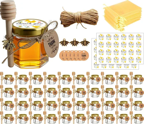 Vista 9 de Adabocute Mini tarros de miel – Tarro hexagonal de miel de vidrio con tapas doradas, cubos de madera, abalorios de abeja y yutes – Pequeños tarros