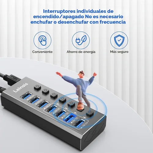 Vista 5 de Hub USB 3.0 alimentado, Leinsis 7 puertos USB 3.0 Hub [aluminio duradero] 7 puertos de transferencia de datos + 4 puertos de carga inteligentes