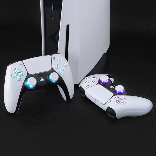 Vista 6 de eXtremeRate Multicolores luminosos Dpad Thumbstick Compartir Home Face Botones para controlador PS5, botones de símbolos clásicos blancos DTF V3 LED