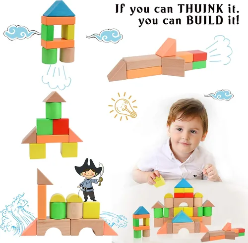 Vista 3 de Migargle Juego de bloques de construcción de madera grande - Juguetes educativos de aprendizaje preescolar con bolsa de transporte, bloques