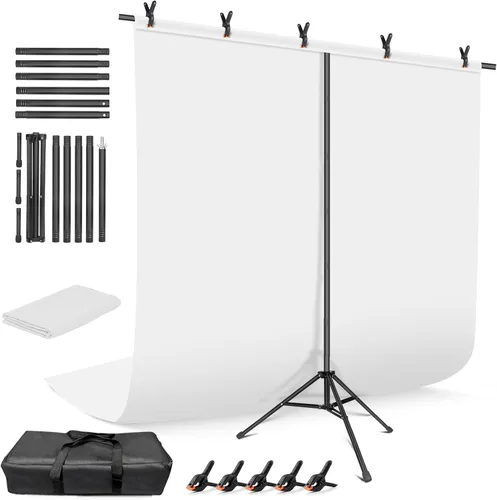 Vista 10 de Pantalla de fondo en blanco y negro con kit de soporte de 5 x 6.5 pies para estudio de foto y video, fondo negro reversible 2 en 1, pantalla blanca