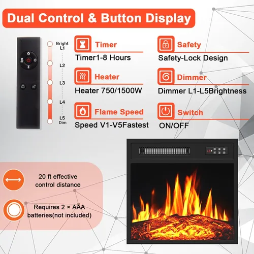 Vista 3 de PRETZI Inserto de chimenea eléctrica de 18 pulgadas, calentador de chimenea empotrado con temporizador de 8 horas, control remoto y panel
