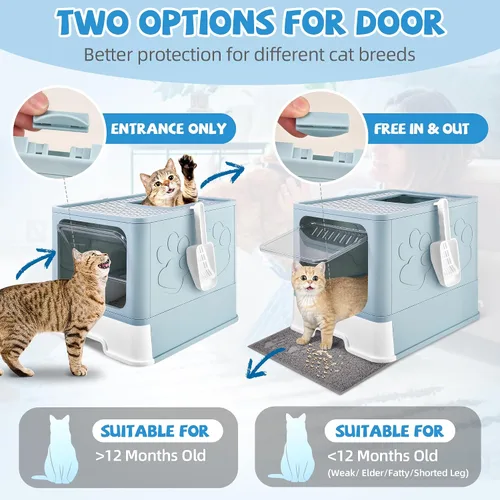 Vista 4 de Caja de arena cubierta para gatos con alfombrilla de arena, plegable, extra grande, puerta ajustable de doble entrada, diseño de cajón, caja de Azul
