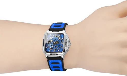 Vista 16 de FORSINING Reloj de pulsera con diseño de esqueleto impermeable para hombre, automático, steampunk, correa de silicona, luminoso cuadrado