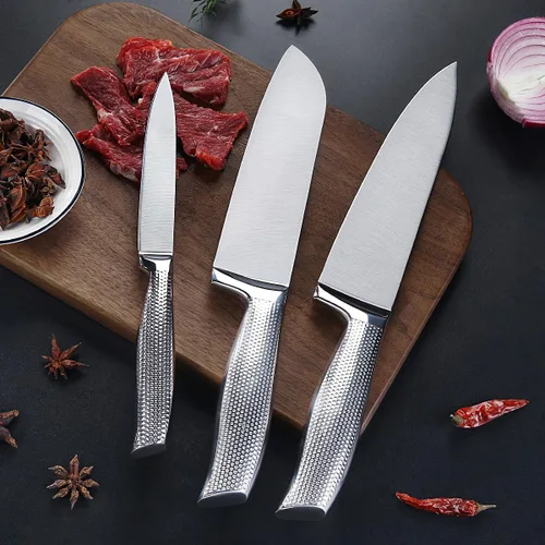 Vista 5 de Juego de 3 cuchillos de chef de acero inoxidable, cuchillos afilados Santoku Kitchen Knives, Japanese Cooking Knife, Ergonomic Non-Slip Handle