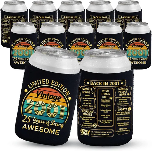 Vista 9 de Decoraciones de cumpleaños número 13, suministros y recuerdos de fiesta, fundas enfriadoras para latas de bebidas, paquete de 12, negro y dorado