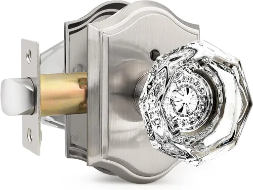 Vista 11 de Gobrico Juego de pomos de puerta de vidrio transparente para interiores, cerradura de puerta de cristal de diamante de privacidad en latón antiguo