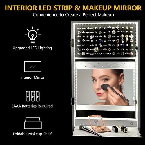 Vista 5 de Vlsrka Armario con espejo LED de 47.2 pulgadas, organizador de joyas montado en la paredpuerta con espejo de longitud completa, gabinete colgante