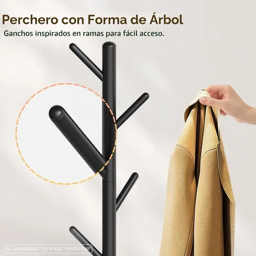 Vista 4 de YATINEY Perchero independiente con soporte para paraguas, perchero con 8 ganchos, árbol de abrigo resistente para entrada, perchero moderno, soporte