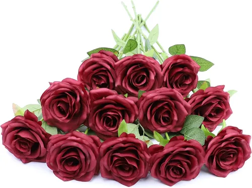 Vista 20 de Flores artificiales de rosa, rosas artificiales, rosas de seda, rosas falsas de aspecto real con tallos para manualidades, ramos de boda, centros