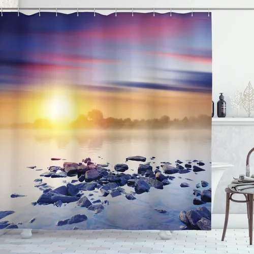 Vista 23 de Ambesonne Cortina de ducha retro, diseño clásico de rayas verticales, imagen, imagen antigua, obra de arte, juego de decoración de baño de tela
