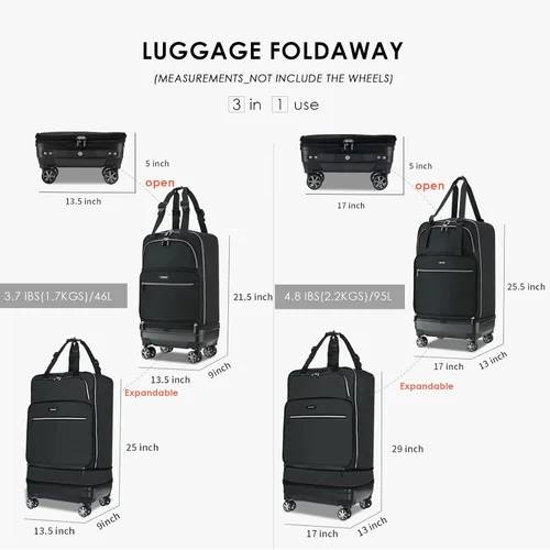 Vista 3 de Verage Bolsa de equipaje plegable expandible con ruedas giratorias desmontables, Negro -, Moda Azul 24 Negro